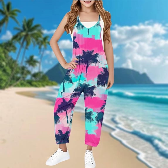 uublik Girls Jumpsuits 5-14 Years Sleeveless Playsuit Long Pants Loose Romper Casual Hot Pink
