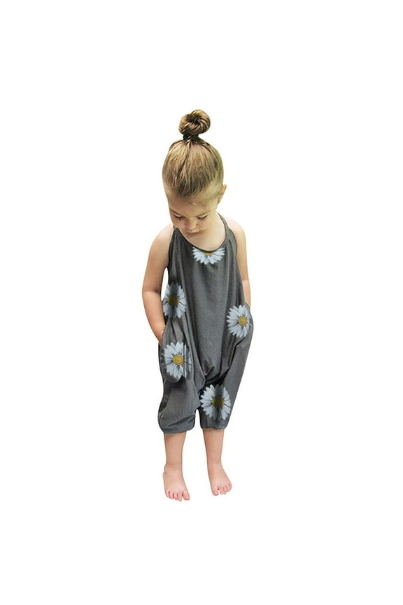 Girls' Jumpsuits & Rompers Children's Clothing Summer Girls Sunflower Print Strap Jumpsuit with Pockets Gray, Size 1T-6