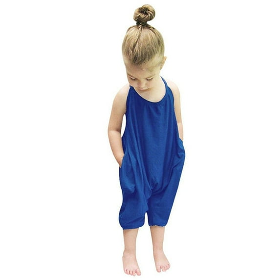 uublik Girls Jumpsuits Summer Strap Romper Pants with Pockets Blue, Size 6M-5T