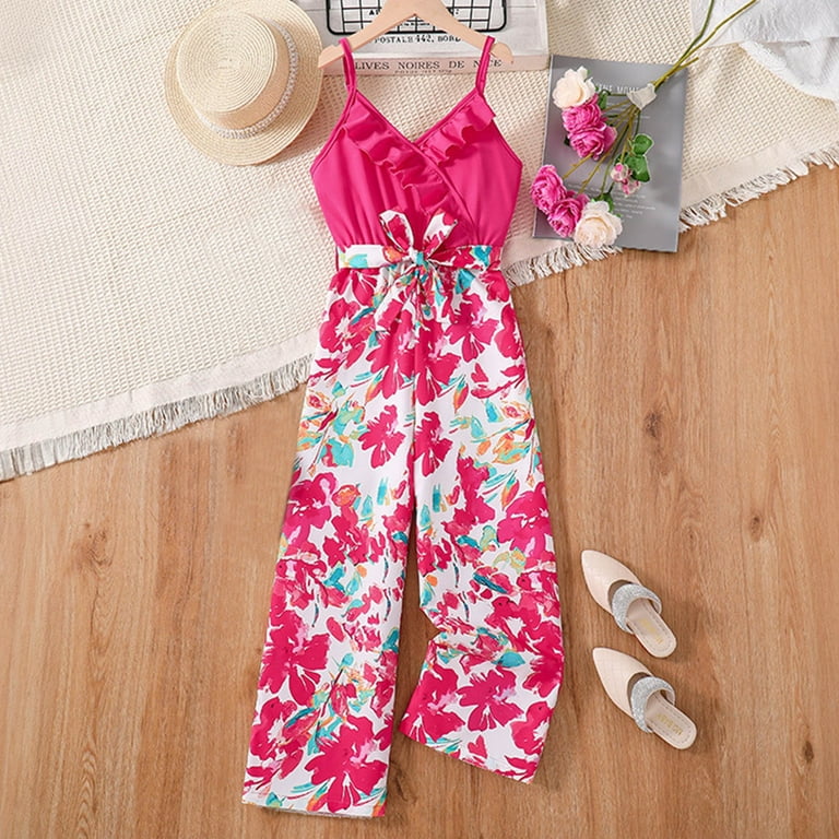 uublik Girls Jumpsuits V Neck Strap Loose Printed Romper Long Pants With Belt Hot Pink Size 8 12