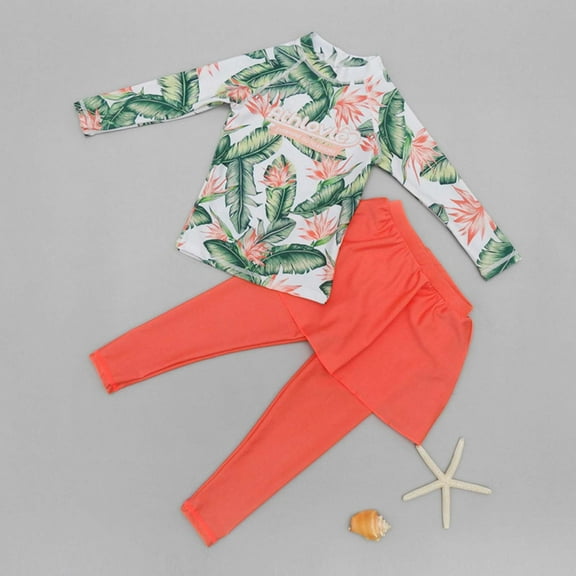 uublik Girls Long Sleeve Swimsuit Two Piece Rashguard Floral Swimwear Green, Sizes 3-11