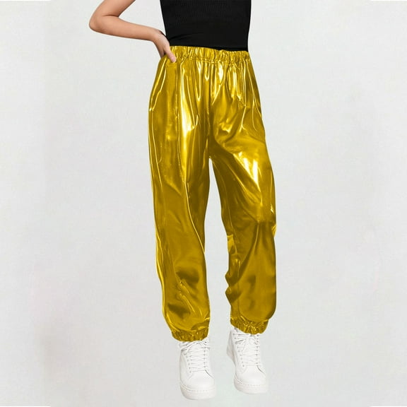 uublik Girls Metallic Pants 3-16 Years Dance Pants Stretch for Modern Hip Hop Street Dancewear Clothes Gold