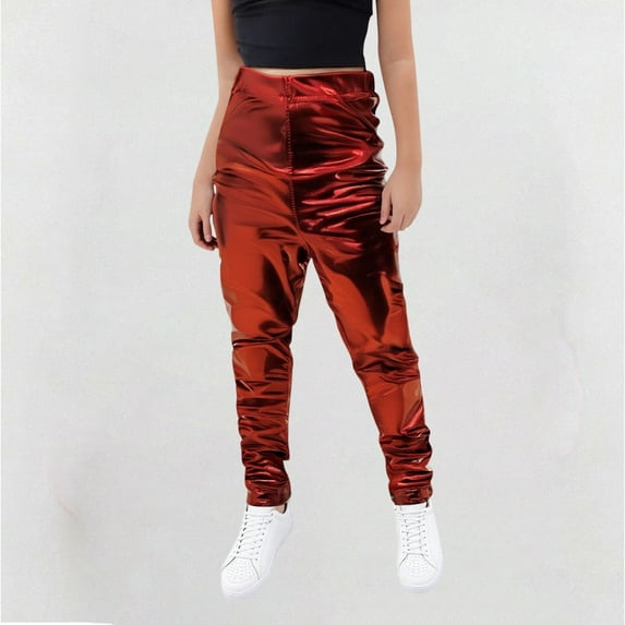 uublik Girls Metallic Pants 3-16 Years Stretch Pants Shiny Jazz Street Hip Hop Dance Pants Red