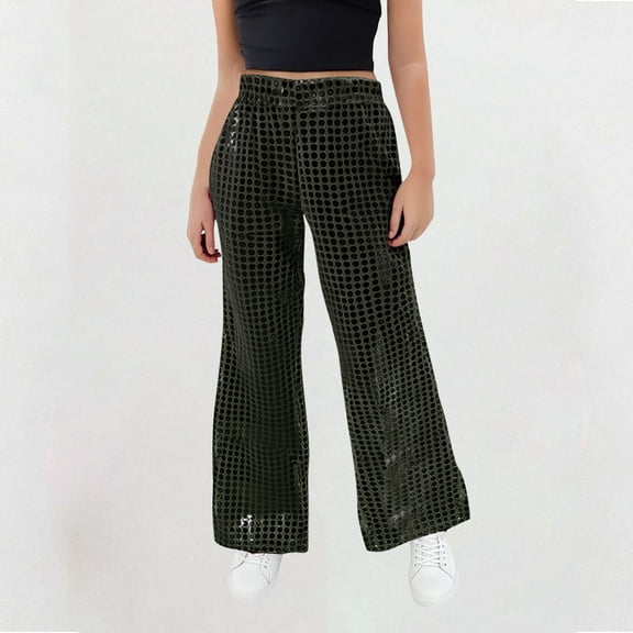 uublik Girls Pants 3-16 Years Sequin Flare Pants Bell Bottoms Kids Elastic Waist Glitter Dance Trousers Black