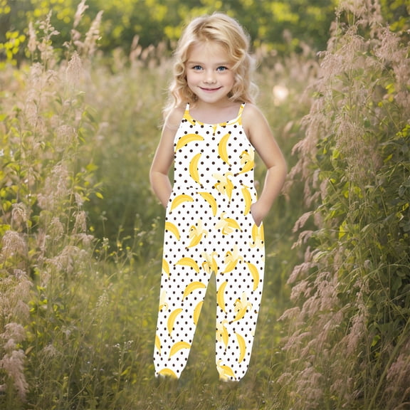uublik Girls Romper 1-6 Years Casual Sleeveless Jumpsuits Spaghetti Strap Loose Overalls Rompers with Pockets Yellow