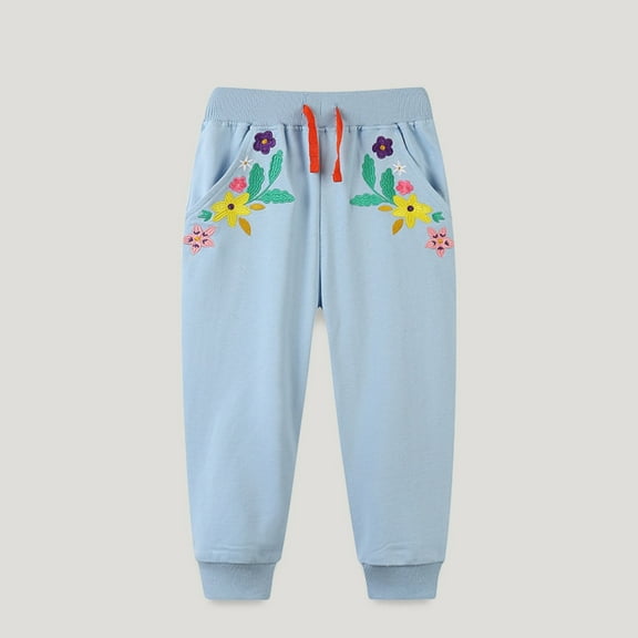 uublik Girls Sweat Pants Casual Flower Embroidery Cute Pocket Elastic Pants Blue, Size 2T-6