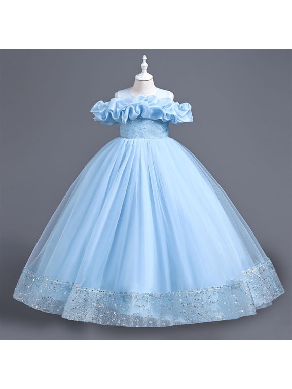 Girls Uniform Dresses Size 7-13 Sleeveless Tulle Dresses Kids Birthday Formal Wedding Pageant Princess Dress Blue