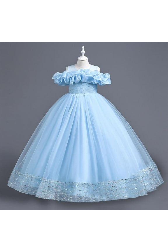 Girls Uniform Dresses Size 7-13 Sleeveless Tulle Dresses Kids Birthday Formal Wedding Pageant Princess Dress Blue