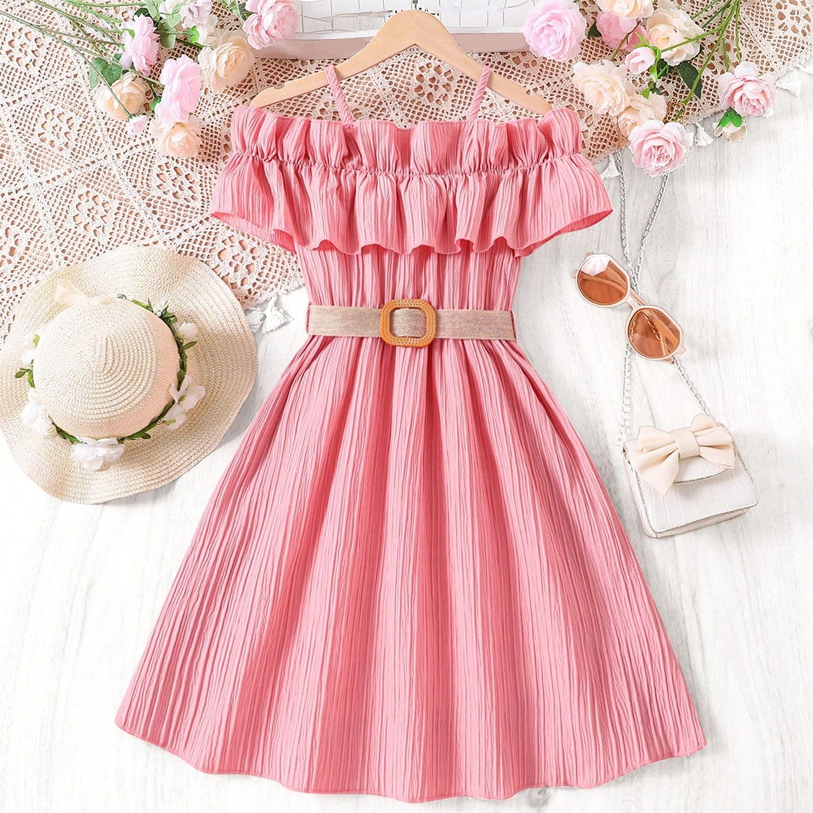 uublik Graduation Dress for Girls Size 6-13 Ruffle Trim Sleeveless High  Waist Flared Long Cami Dress Pink - Walmart.com