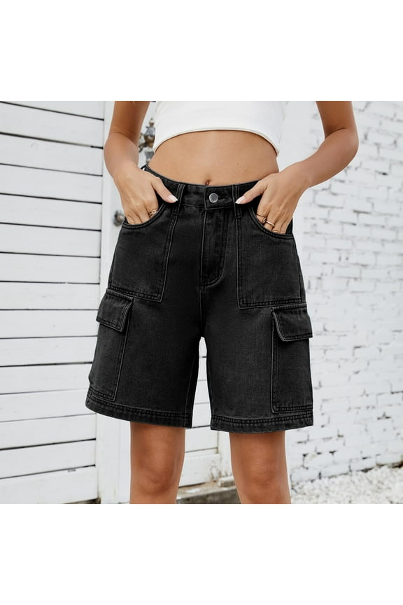 High Rise Denim Shorts for Women Summer Casual Jeans Shorts Loose Jorts Knee Length Denim Black, S-2XL