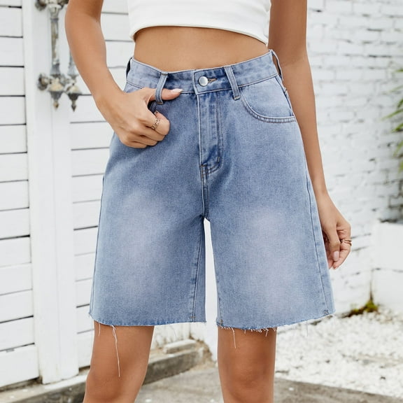 uublik High Waisted Shorts Women Denim Summer Casual Jeans Shorts Loose Jorts Knee Length Denim Blue, S-2XL
