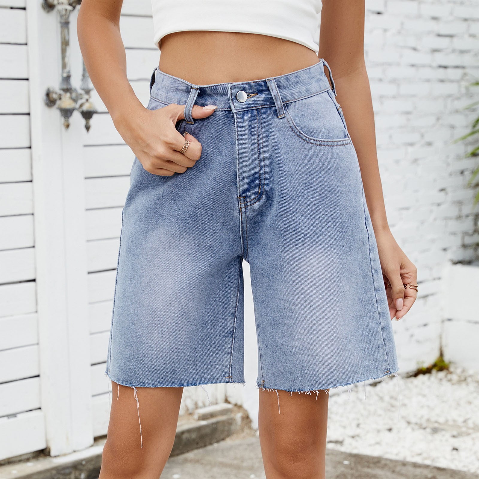 uublik High Waisted Shorts Women Jean Summer Casual Jeans Shorts Loose Jorts Knee Length Denim Blue, S-2XL