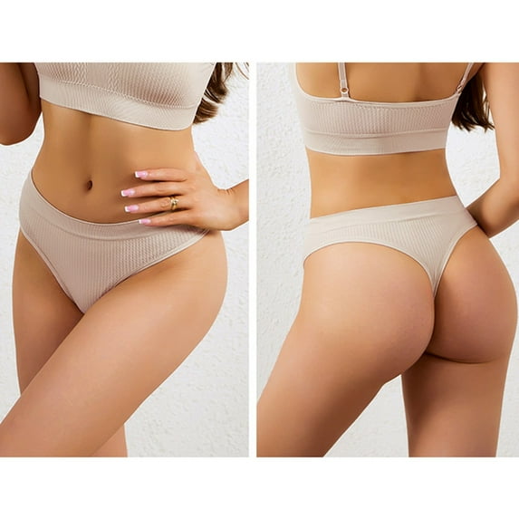 uublik High Waisted Thongs for Women Beige No Show Thong Underwear Stretch Breathable Low Rise Panties