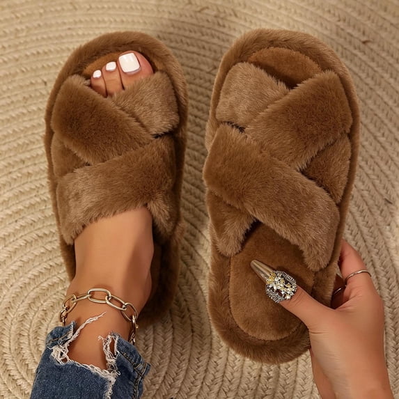 uublik Indoor Fuzzy Slippers for Women Open Toe Memory Foam House Shoes Indoor Outdoor Non Slip House Slides, Brown