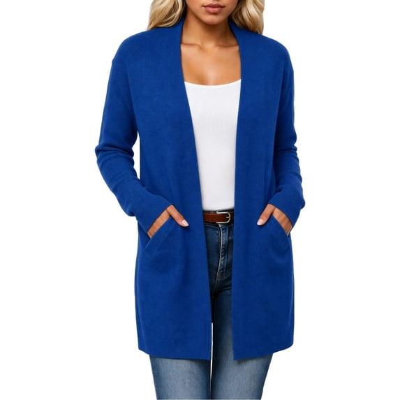 uublik Jackets for Women Trendy Blue Outdoor Open Front Casual Long Fall Winter Coat with Pockets