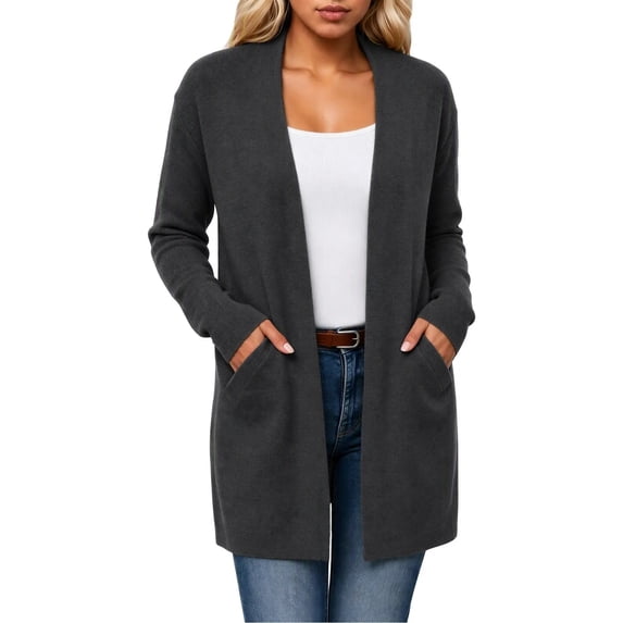 uublik Jackets for Women Trendy Dark Gray Outdoor Open Front Casual Long Fall Winter Coat with Pockets
