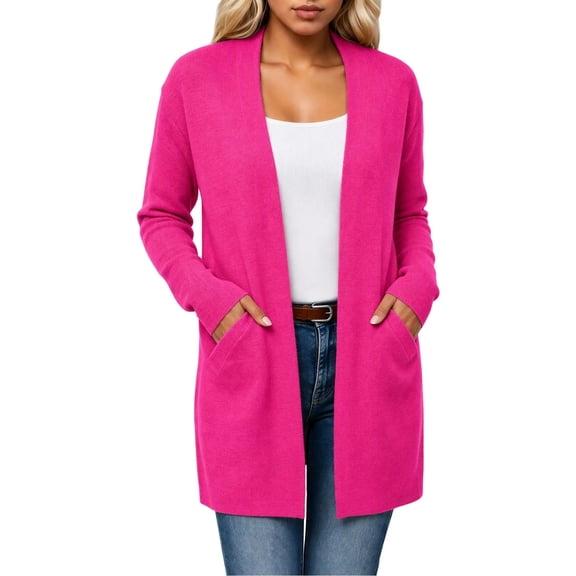 uublik Jackets for Women Trendy Hot Pink Outdoor Open Front Casual Long Fall Winter Coat with Pockets