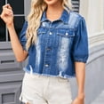 thumbnail image 1 of uublik Jean Jacket Women Blue Button Down Denim Trucker Jackets Long Sleeves Frayed Hem Shacket Jacket, 1 of 5