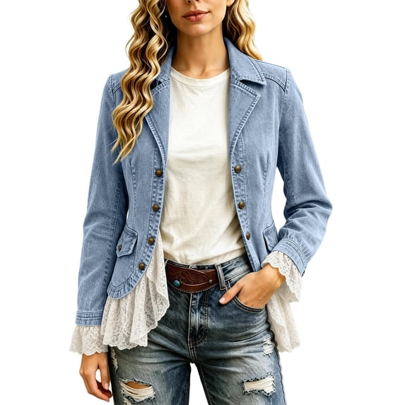 uublik Jean Jacket Women Blue Casual Long Sleeve Button Down Denim Jacket Fall Coat