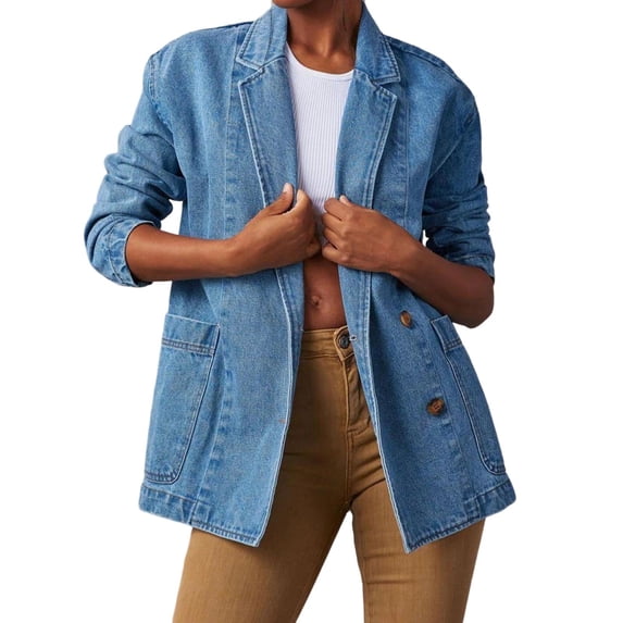 uublik Jean Jacket Women Blue Casual Long Sleeve Open Front Denim Jacket Fall Coat