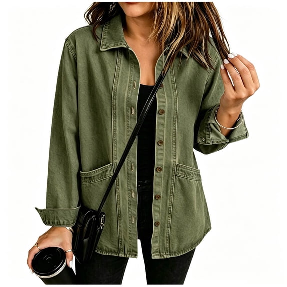 uublik Jean Jackets for Women Army Green Casual Long Sleeve Button Down Classic Jacket Fall Coat