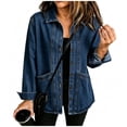 thumbnail image 1 of uublik Jean Jackets for Women Dark Blue Casual Long Sleeve Button Down Classic Jacket Fall Coat, 1 of 7