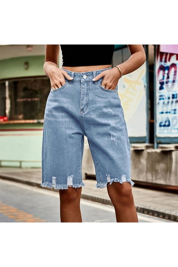 Jean Shorts Women Long Shorts Jorts Cargo Baggy Bermuda Jean Shorts Knee Length Light Blue, S-2XL