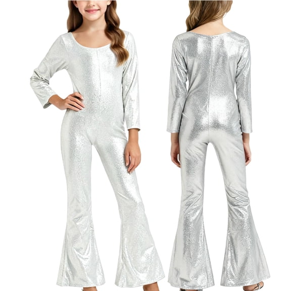 uublik Jumpsuit Girl Sequins Long Sleeves Round Neck Trousers Flared Pants Party Festival Clothes Size 2T-17 Silver