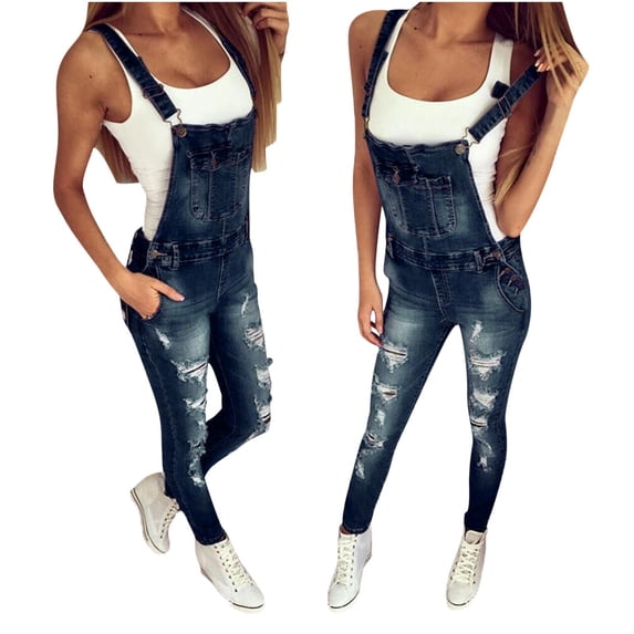 uublik Jumpsuit Jeans for Women Loose Adjustable Strap Denim Bib Overall Jeans Distressed Wide Leg Baggy Overalls Jumpsuit, Dark Blue