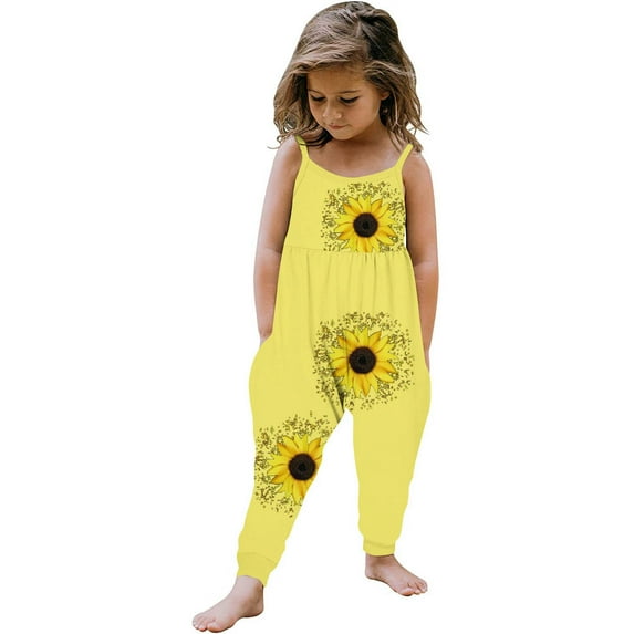 uublik Jumpsuit for Girls Summer Backless Strap Romper Jumpsuit Toddler Pants with Pockets Yellow, Size 1T-6
