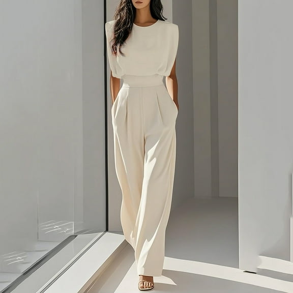 uublik Jumpsuit for Women Beige Elegant Loose Sleeveless Wide Leg Romper Crewneck Formal Overalls