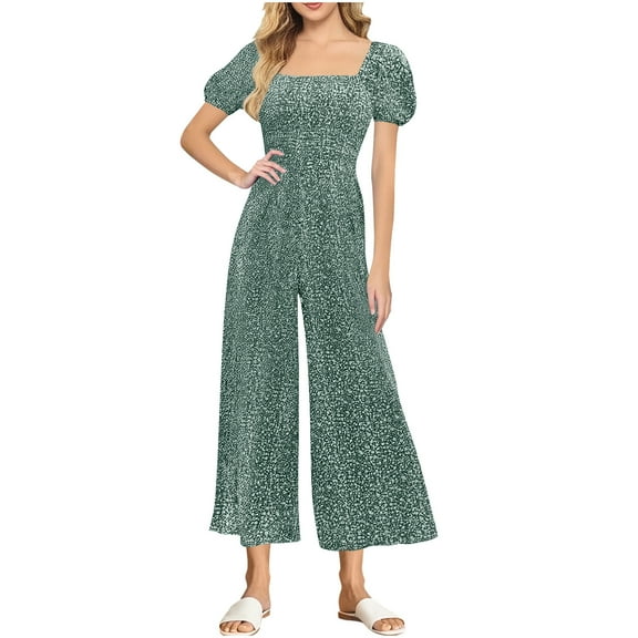 uublik Jumpsuit for Women Green Elegant Loose Short Sleeve Wide Leg Romper Square Neck Casual Overalls
