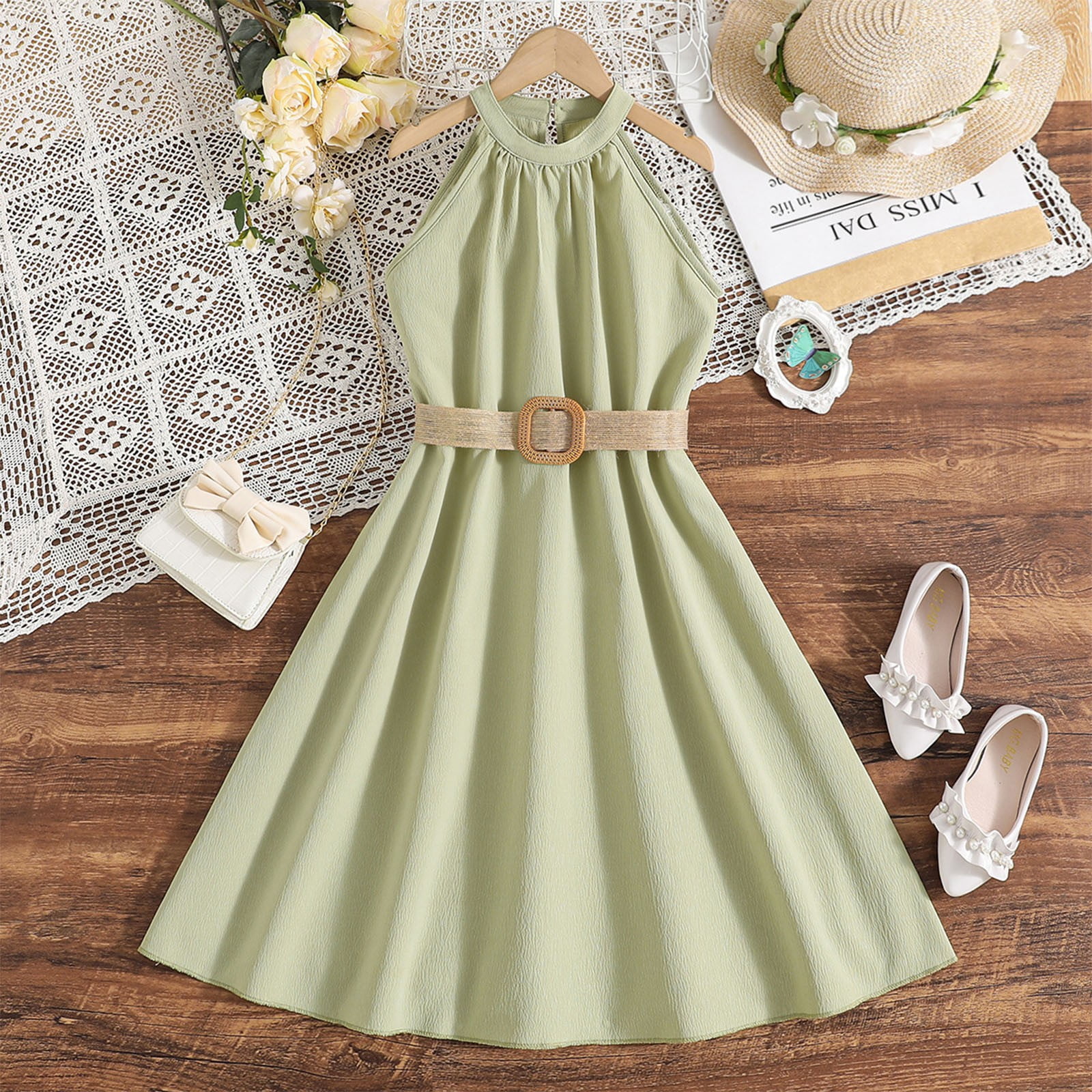 Uublik Kindergarten Graduation Dress for Girls Size 6-13 Sleeveless Loose Flowy Tiered Casual Holiday Dresses Green