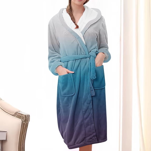 uublik Ladies Spa Bathrobe Flannel Robes Casual Long Sleeves Robes Winter Woman Bathrobe Nightwear Navy