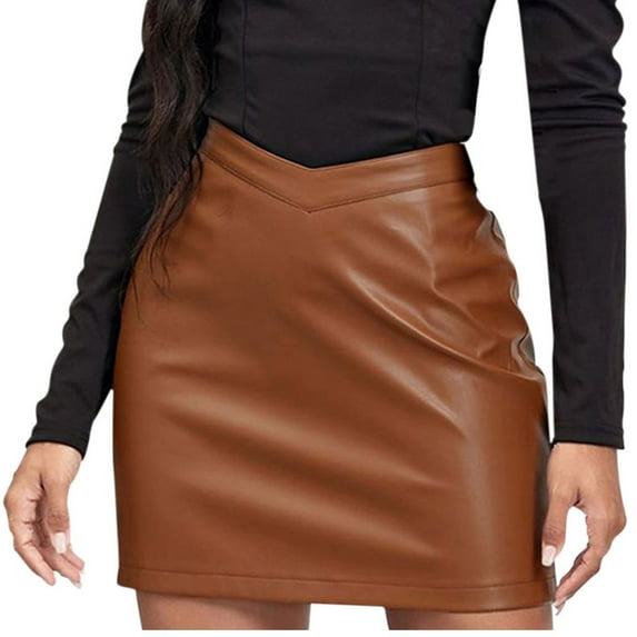 uublik Leather Skirts for Women Casual High Waist Zipper Mini Skirt