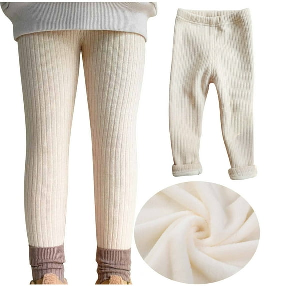 uublik Leggings Kids Beige Fleece Lined Pants Warm Cozy Leggings for Girls Winter Thick High Waist Pants, Size 1T-9