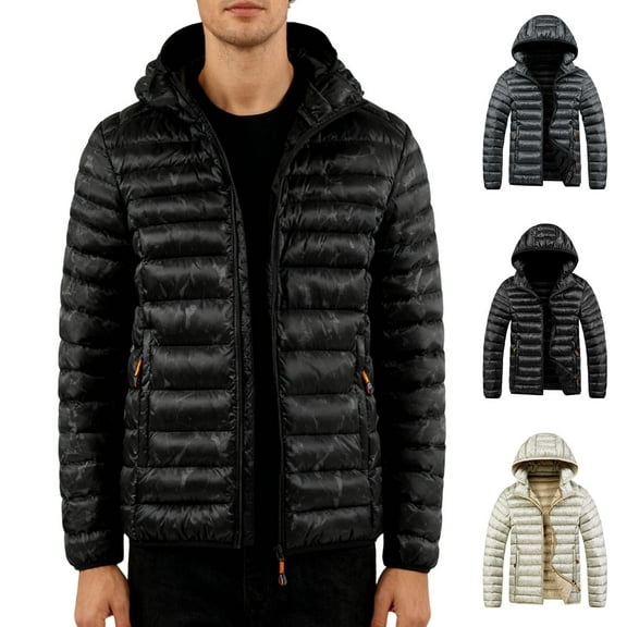 uublik Lightweight Puffer Jacket Men Winter Warm Snow Coat Windbreaker Hooded Work Outerwear Snowboarding Jackets Black