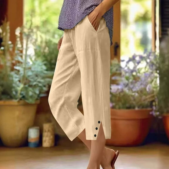 uublik Linen Bermuda Shorts for Women Casual Knee Length Bermuda Shorts Summer Beach Lightweight Capri Pants Beige