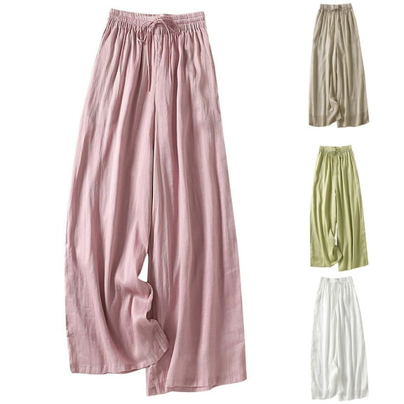 uublik Linen Pants Women Petite Pink High Waisted Wide Leg Trendy Strechy Loose Straight Cropped Pants with Pockets