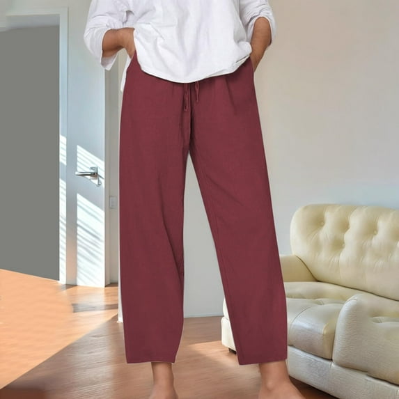 uublik Linen Pants Women Wine High Waisted Wide Leg Trendy Strechy Loose Straight Cropped Pants with Pockets
