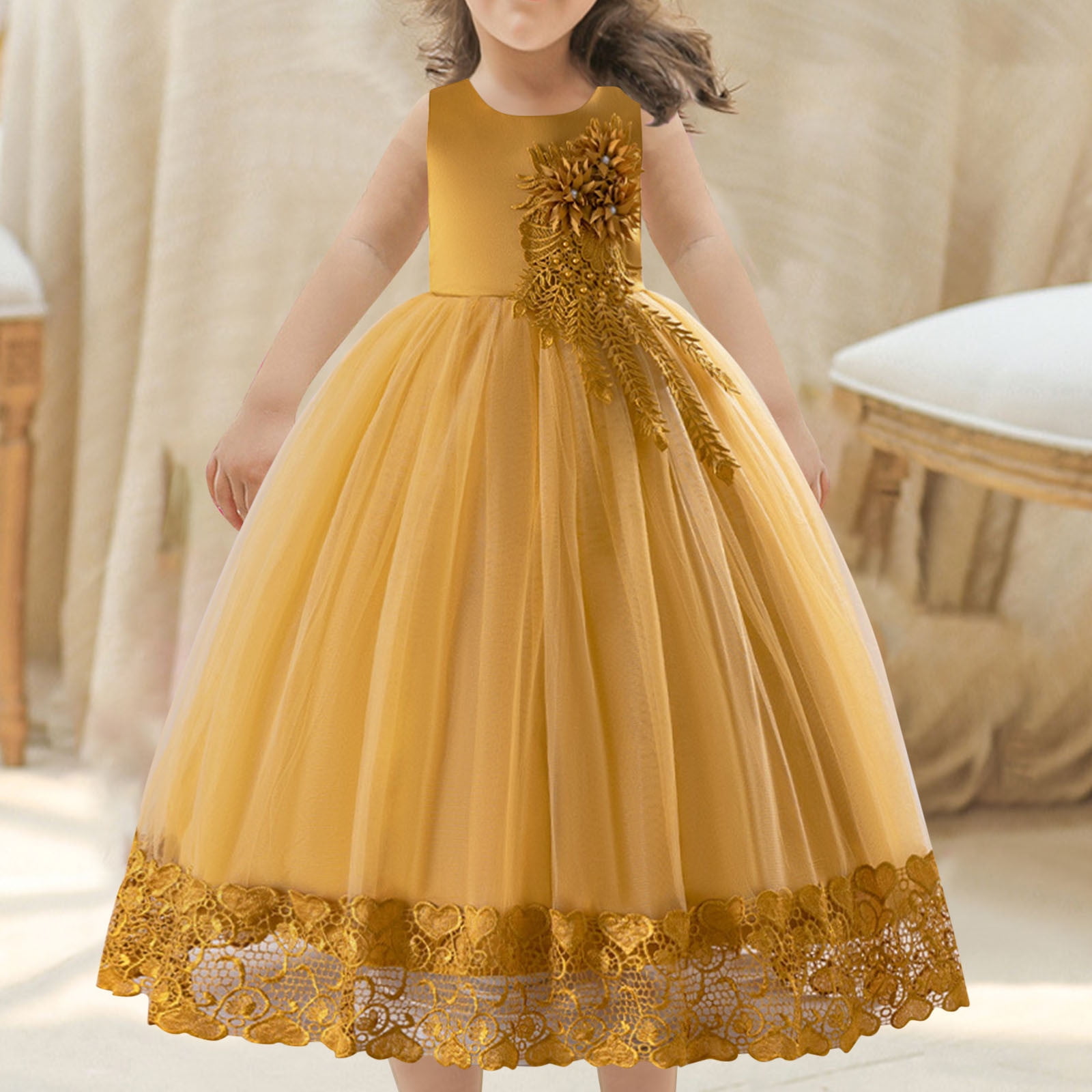 uublik Little Girl Dresses Size 5T-16 Sleeveless Tulle Dresses Kids  Birthday Formal Wedding Pageant Princess Dress Yellow - Walmart.com