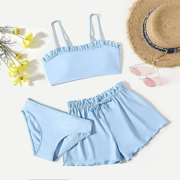 uublik Little Girl Swimsuit Fashion Cute Solid Color Swimming Trunks Skirt Seaside Swimsuit Set, Sizes 4T-14