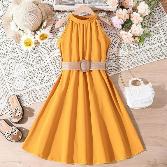 uublik Little Girls Summer Dresses Size 6-13 Sleeveless Loose Flowy Tiered Casual Holiday Dresses Yellow