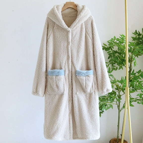 uublik Long Bathrobe Women Flannel Robes Casual Long Sleeves Robes Winter Woman Bathrobe Nightwear Beige