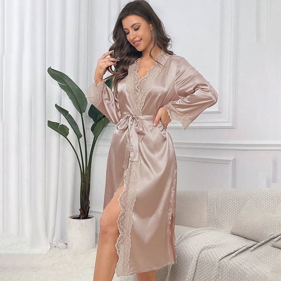 uublik Long Bathrobe Women Lace Bride Bridesmaid Robes Wedding Party Sleepwear Loungewear Khaki