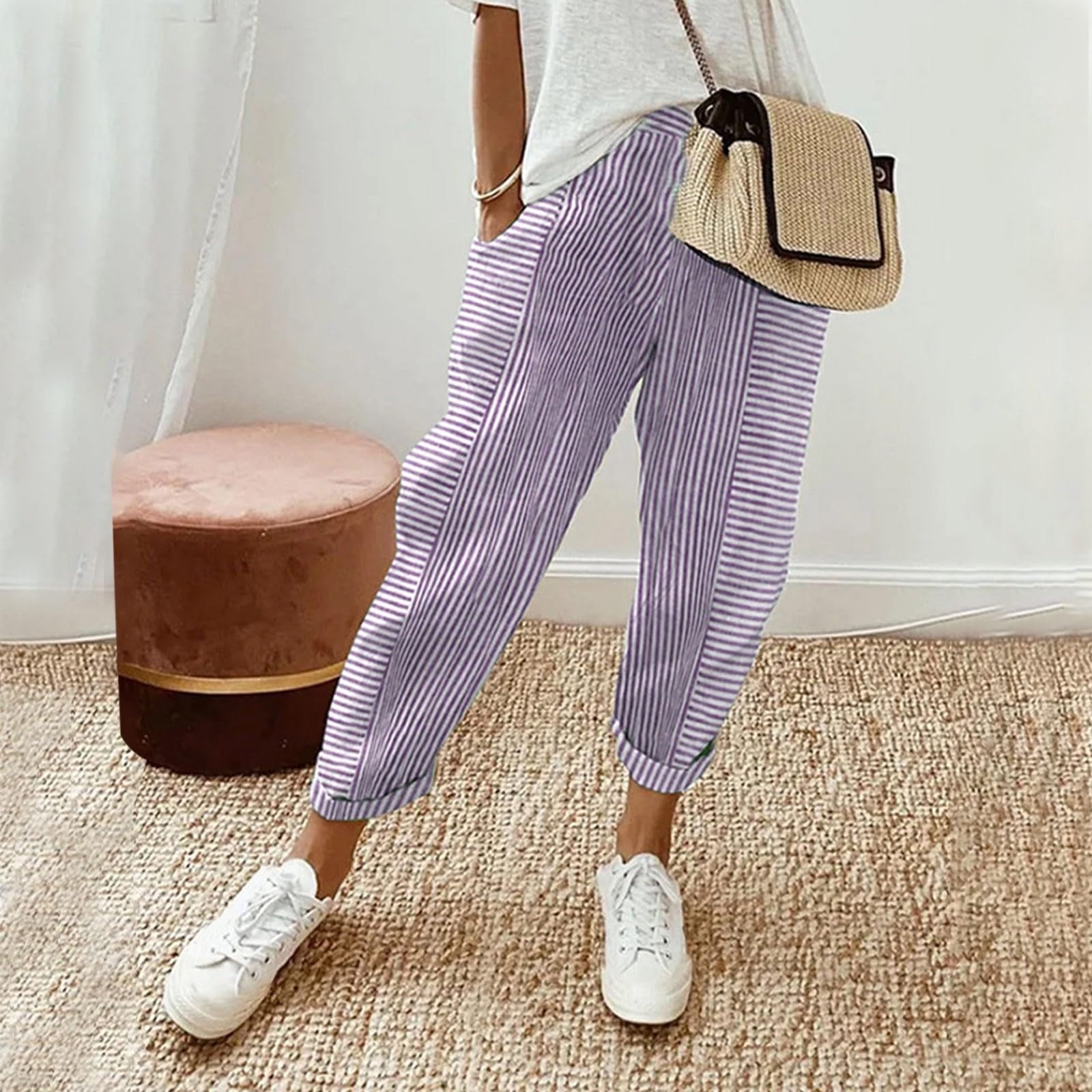 Lastshe Women's Plus Size Casual Pants Elastic Waist Wide