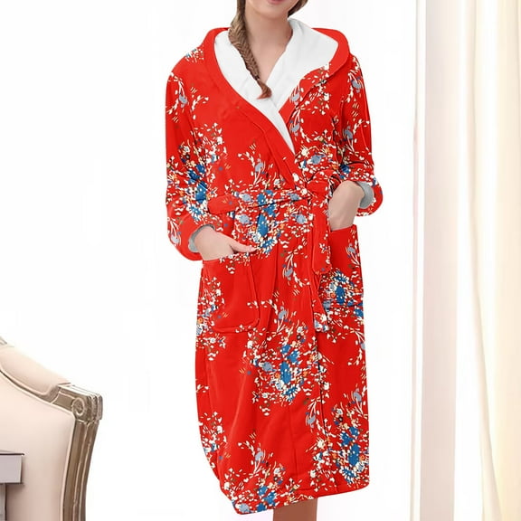 uublik Lounge Robe Women Flannel Robes Casual Long Sleeves Robes Winter Woman Bathrobe Nightwear Red