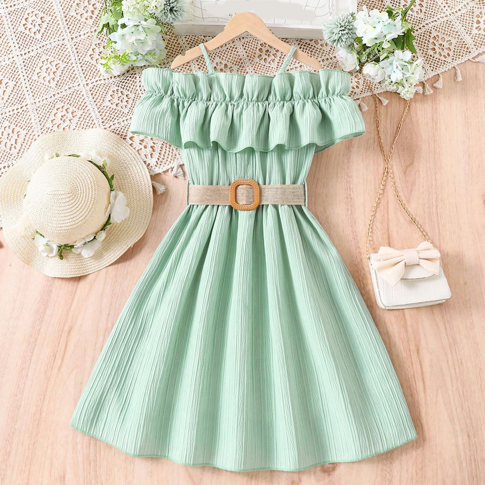 uublik Luau Dress for Girls Size 6-13 Ruffle Trim Sleeveless High Waist Flared Long Cami Dress Green