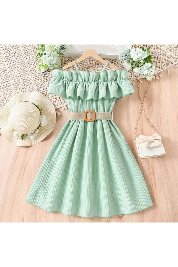 Luau Dress for Girls Size 6-13 Ruffle Trim Sleeveless High Waist Flared Long Cami Dress Green