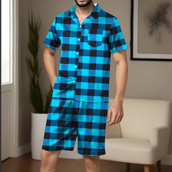 Asgosdo Men Pajama Sets Button Down Short Sleeve T Shirt and Plaid Pants Loungewear, Sky Blue